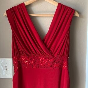 GINA BACCONI Red Ruched Sequin Waist Sleeveless Midi Dress